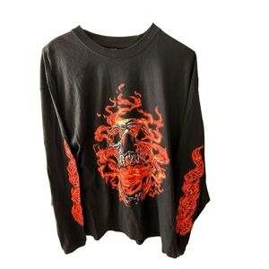 Vintage Flaming Skull Y2K Black Red Long Sleeve Men’s T Shirt